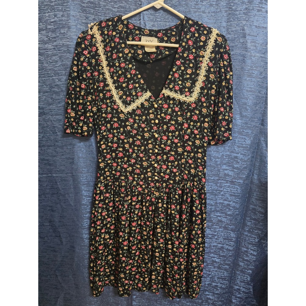 Vintage Jody Black Floral Lace Trim V-Neck Mini Dress 90s Cottagecore